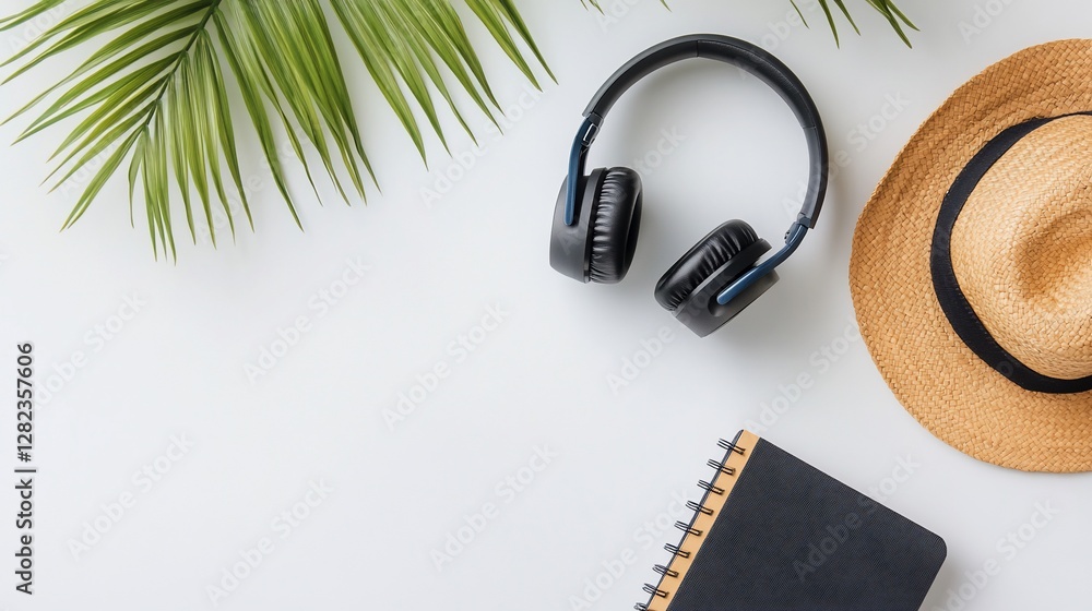 Summer Essentials Flat Lay: Headphones, Hat, Notepad and Tropical Leaf Summer Essentials Flat Lay: Headphones, Hat, Notepad and Tropical Leaf