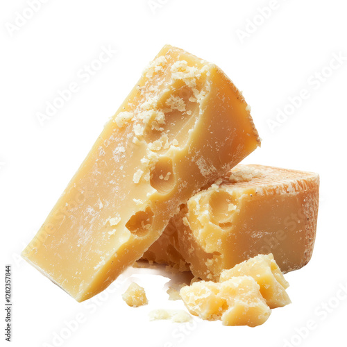 pieces of parmesan or parmigiano cheese isolated, white background