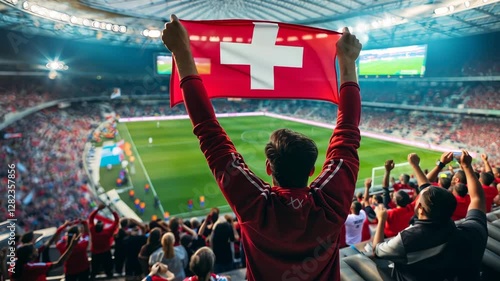 Fans celebrate Switzerland's victory in packed stadium with flag waving and joyous atmosphere during crucial soccer match