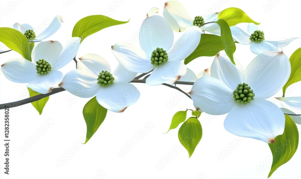 Naklejka premium Beautiful white dogwood flowers blooming on a branch against a clean white background
