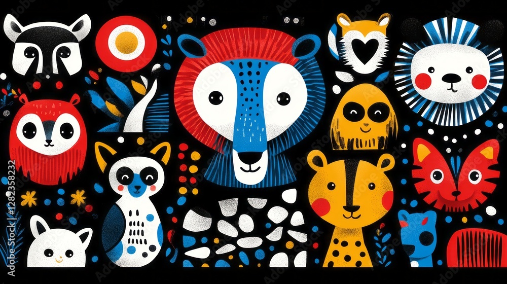 Whimsical array of stylized cartoon animal faces against black background Whimsical array of stylized cartoon animal faces against black background