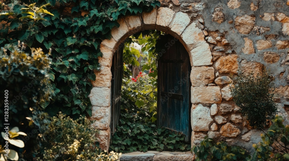 Fototapeta premium Exterior Stonewall Window Framed by Green Ivy and Garden Plants in Natural Light