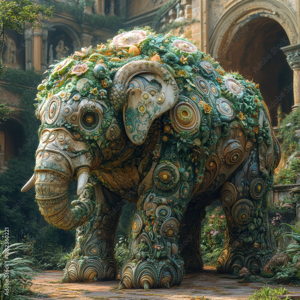 custom made wallpaper toronto digitalA fantastical, detailed elephant sculpture made of materials resembling organic foliage and human-made patterns, posing in an indoor space with grand architecture - AI-Generated