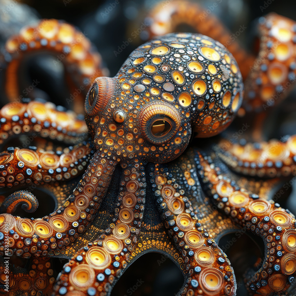 Obraz premium Close-up of a colorful octopus with eight long, flexible arms and visible suckers The animals patterned skin has shades of brown, black, red, yellow, and blue due to lighting - AI-Generated