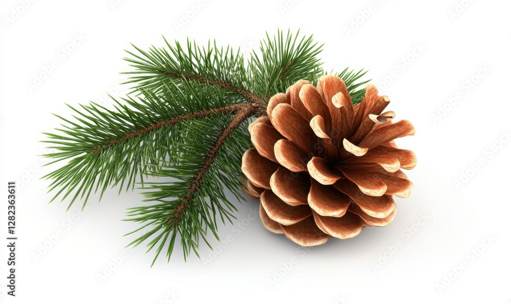 Close-up of a pine cone resting on a green pine branch, showcasing natural textures and colors Close-up of a pine cone resting on a green pine branch, showcasing natural textures and colors