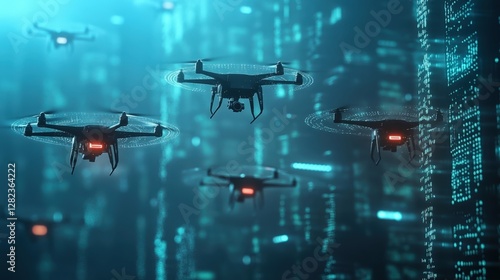 Multiple drones are flying and recording data in a cyberspace environment, creating a futuristic scene of technological advancement and surveillance