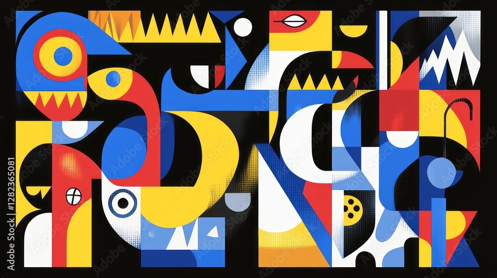 Fototapeta premium Abstract geometric composition featuring animals objects and shapes of varied colors