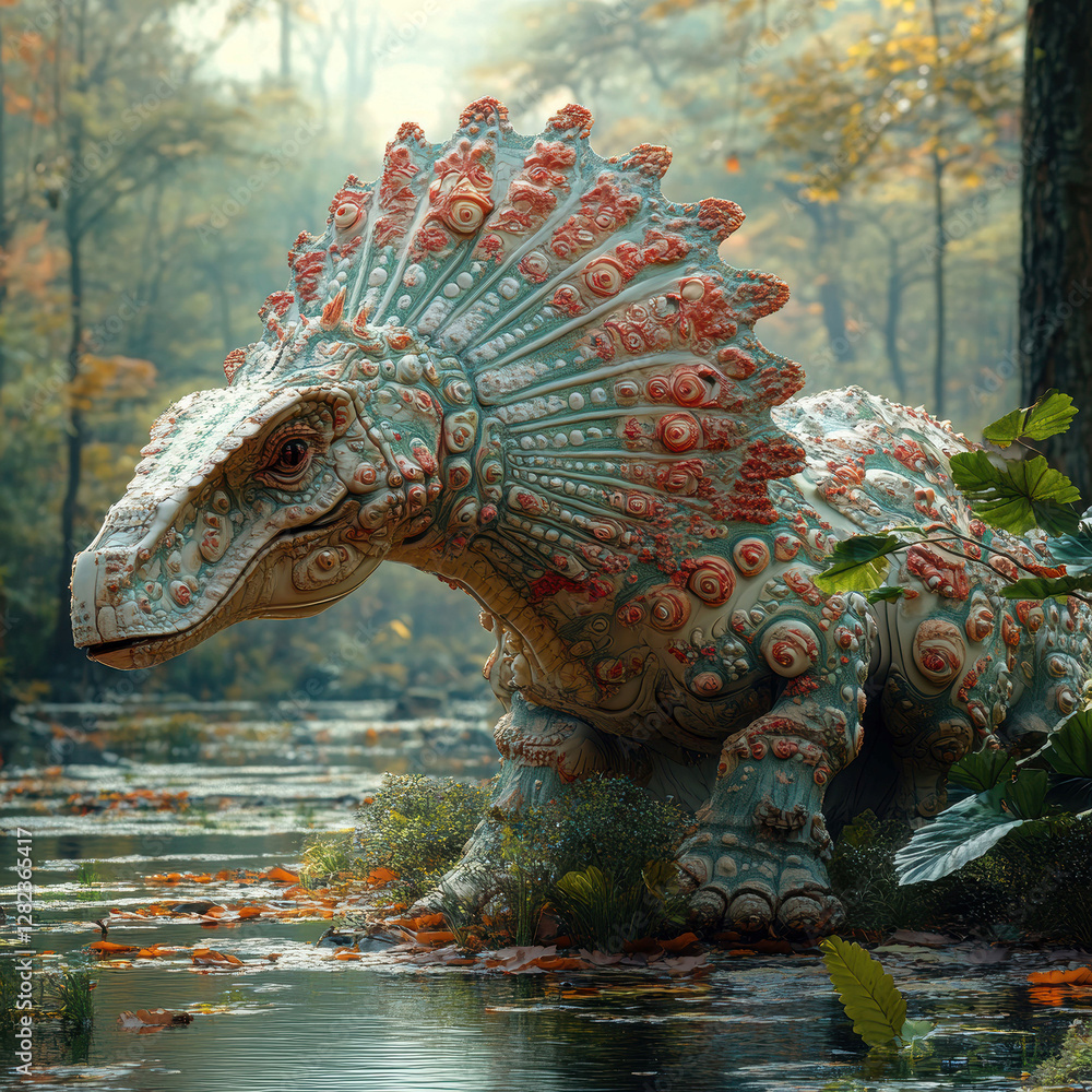 Fototapeta premium Image of an iguanodon covered in colorful scales, standing near water in an autumnal forest The dinosaur is depicted with a prominent horn and contrasting body structure - AI-Generated