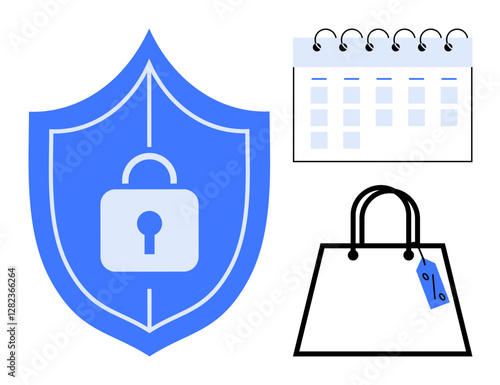 Blue shield with lock symbol, spiral-bound calendar, and shopping bag with price tag. Ideal for online shopping, cybersecurity, e-commerce, data protection, scheduling, online transactions consumer