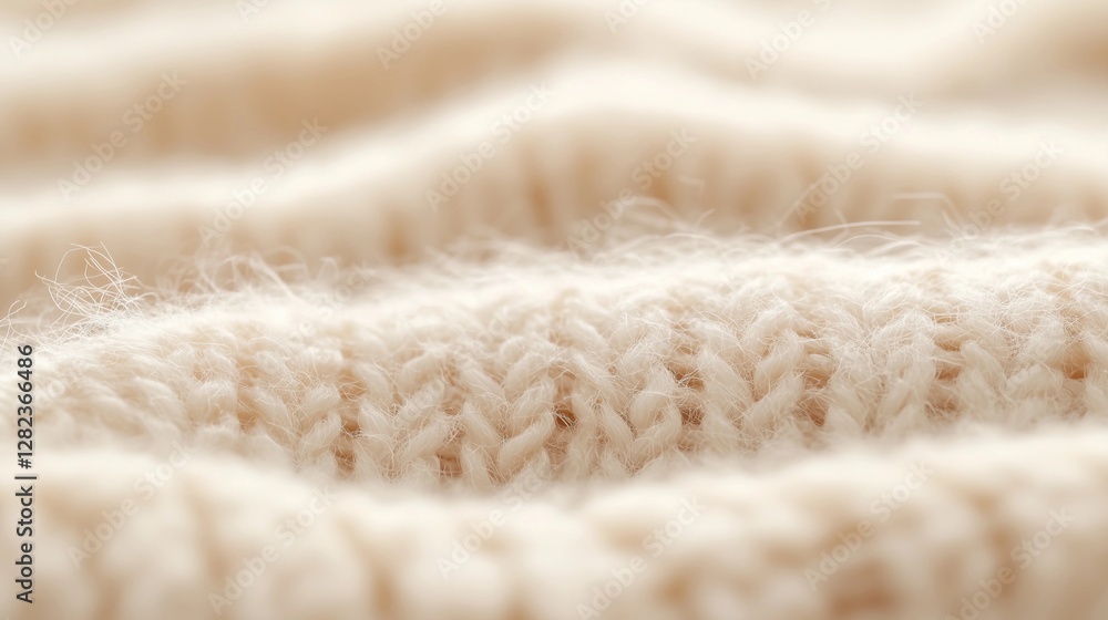 Close-up view of textured woolen fabric showcasing intricate fiber details in soft cream color Close-up view of textured woolen fabric showcasing intricate fiber details in soft cream color