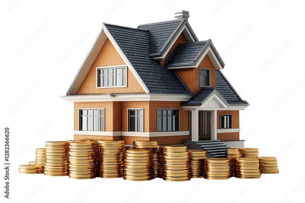 House with stacks of coins in front representing real estate investment and financial growth Isolate white background. House with stacks of coins in front representing real estate investment and financial growth Isolate white background.