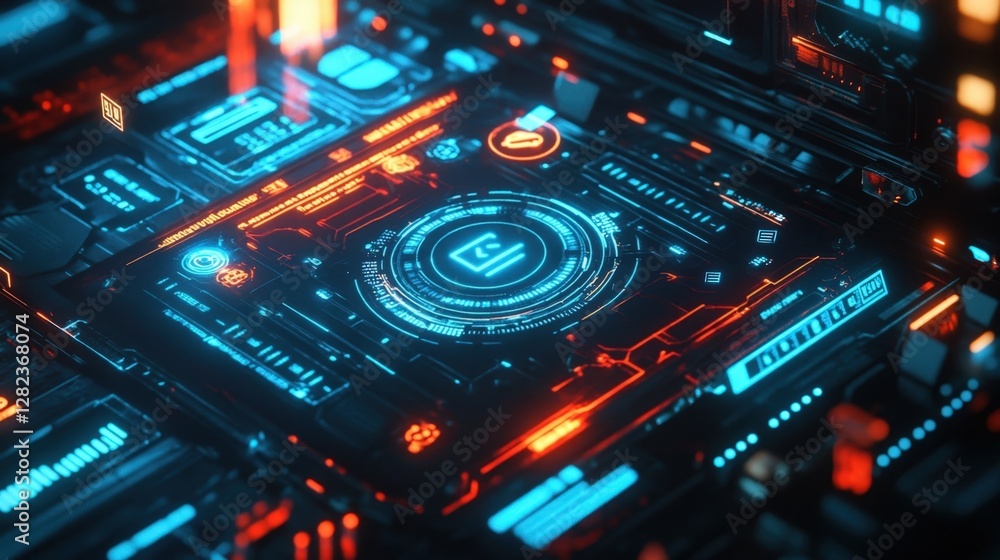 Complex digital interface featuring glowing neon symbols, intricate circuits, and data streams, illustrating a futuristic cyber security system protecting sensitive information Complex digital interface featuring glowing neon symbols, intricate circuits, and data streams, illustrating a futuristic cyber security system protecting sensitive information
