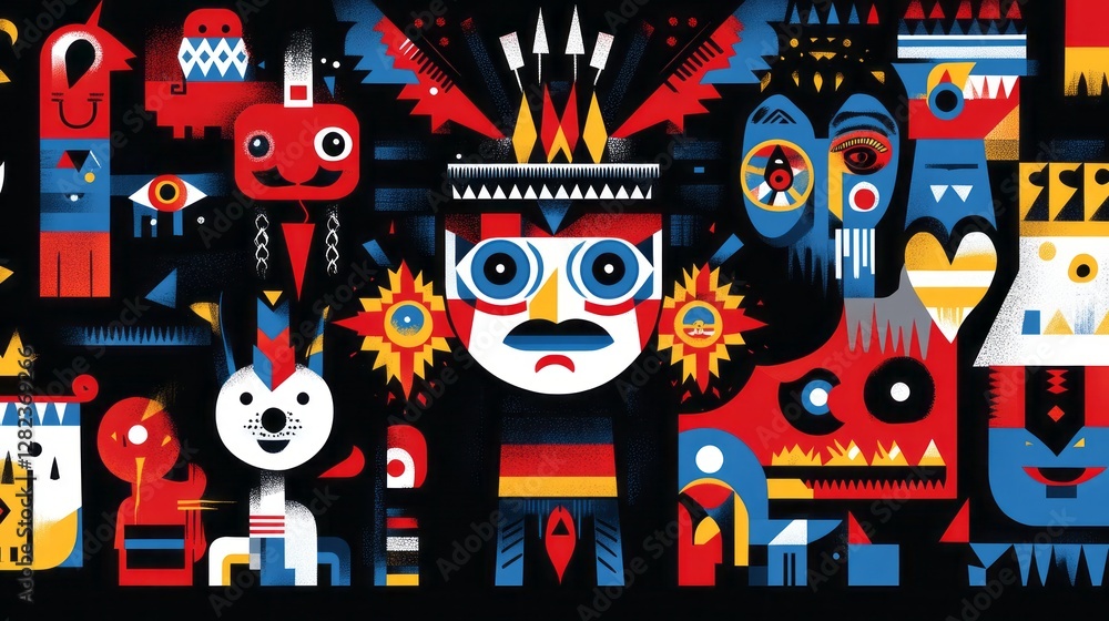 Obraz premium Colorful geometric abstract folk art features totem like characters