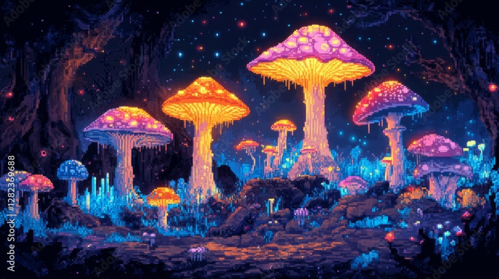 Fototapeta premium Vibrant Pixel Art of Glowing Mushrooms in a Magical Forest at Night with Sparkling Stars