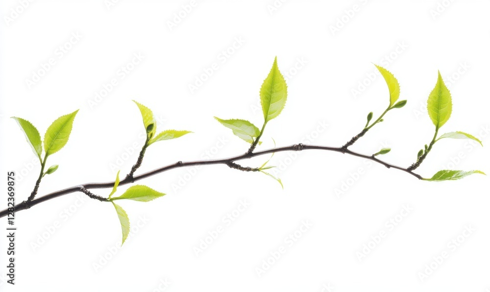 Fresh green leaves on a slender branch against a white background, symbolizing growth and renewal Fresh green leaves on a slender branch against a white background, symbolizing growth and renewal