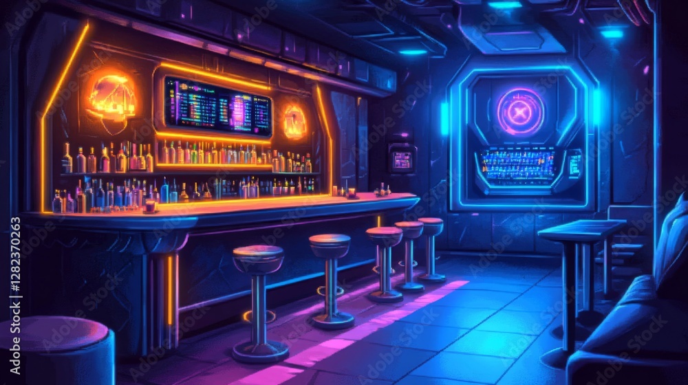 Neon Lit Futuristic Bar Interior with Stools and Colorful Bottle Display Neon Lit Futuristic Bar Interior with Stools and Colorful Bottle Display