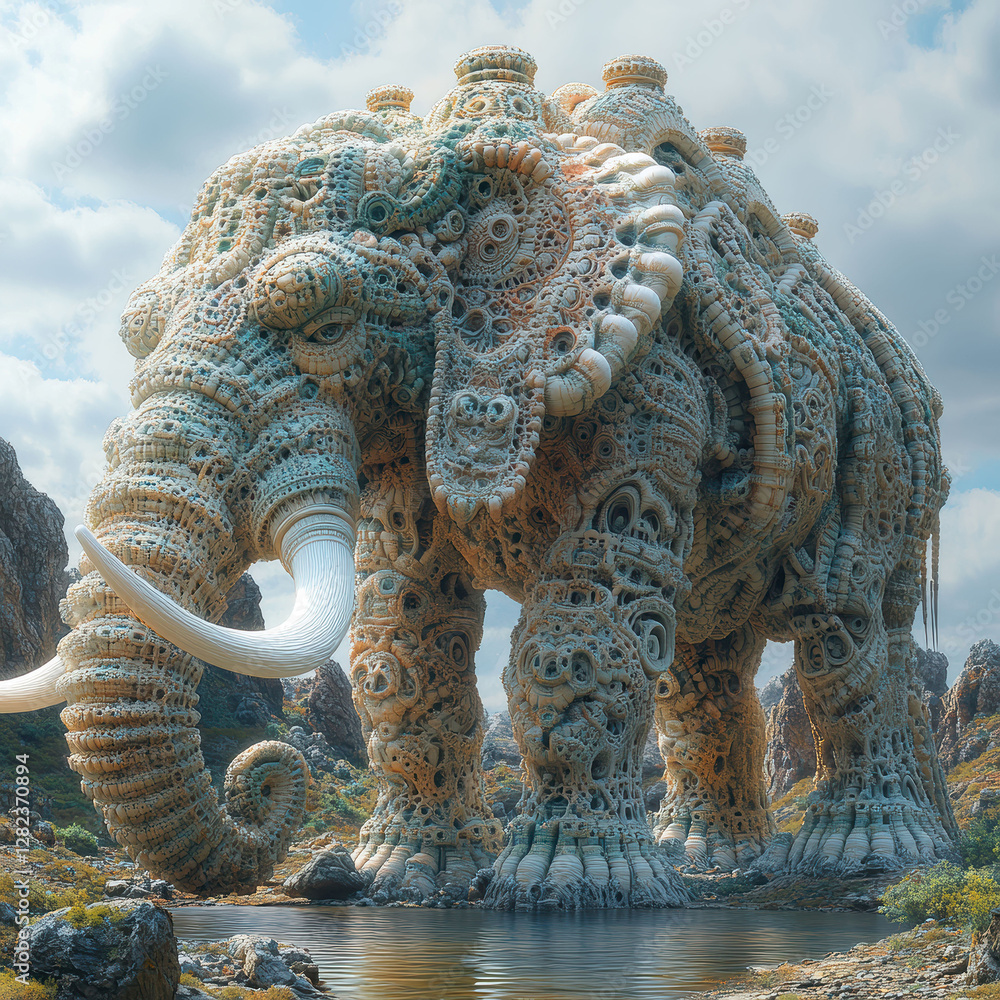 Fototapeta premium A fantastical, elephant-like creature with coral moss-like patterns, standing on a rocky landscape It exhibits shades of blue, green, and white Faces left, trunk extending, tusks prot - AI-Generated