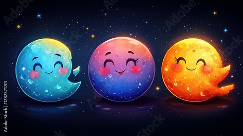Three Cute Celestial Bodies Smiling In Space