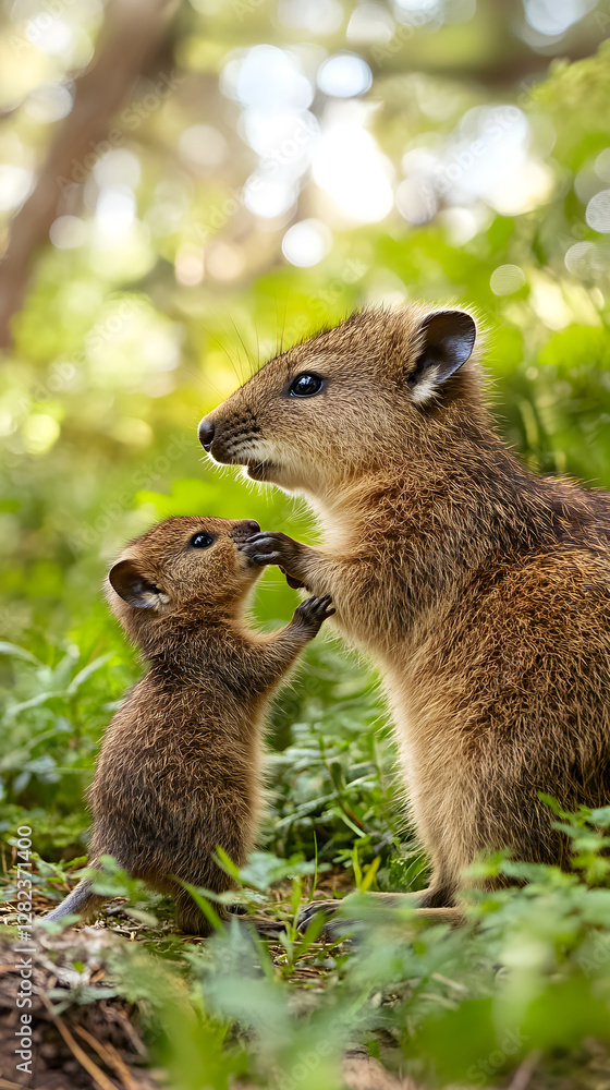 Naklejka premium Heartwarming Bond: A Quokka Family's Journey Through Their Serene Natural Habitat