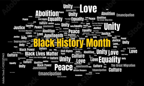 Illustration with varied typography centering around Black History Month, emphasizing themes of unity, equality, and empowerment.