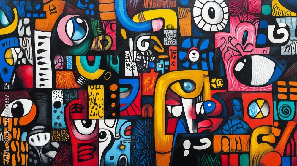 Fototapeta premium Abstract composition showcasing various shapes colors and stylized eyes