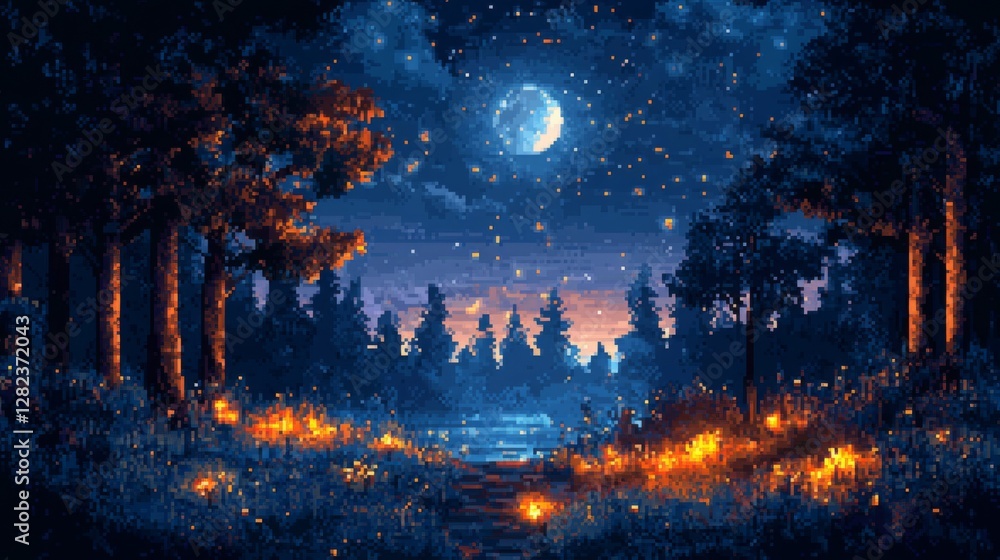 Naklejka premium Pixelated Night Forest Landscape with Glowing Fireflies and Full Moon in the Sky