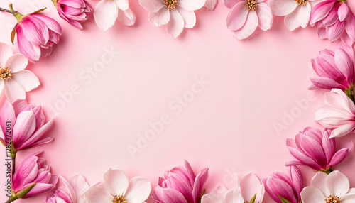 Beautiful floral frame with pink and white flowers on a soft pink background