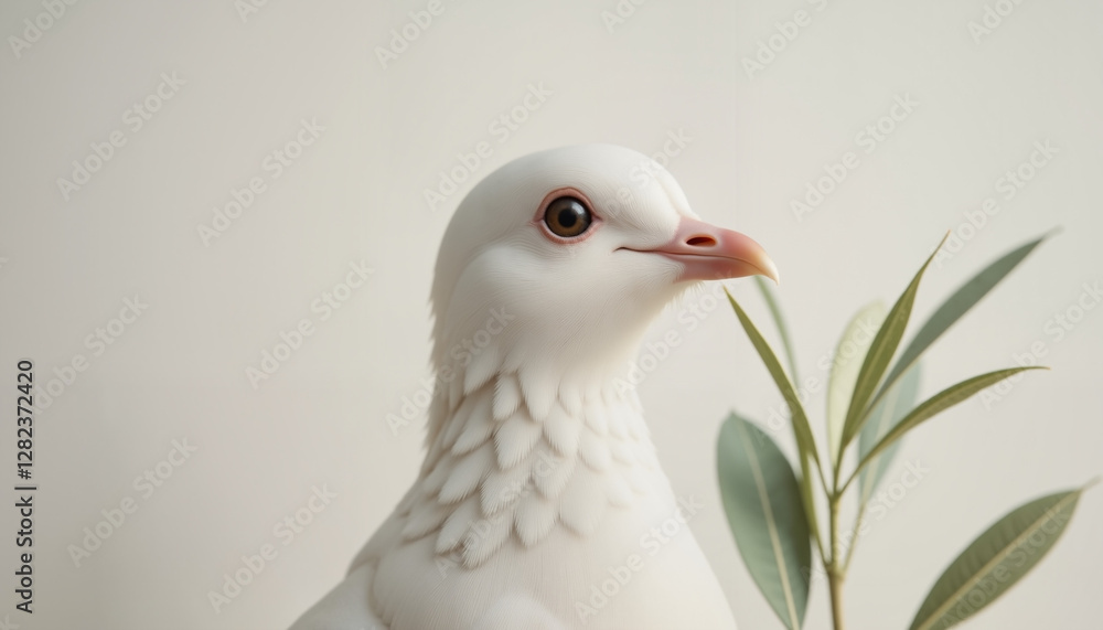 White dove with olive branch against plain background White dove with olive branch against plain background