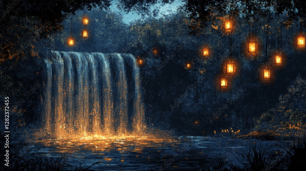 Fototapeta premium Magical Waterfall Illuminated by Lanterns in a Lush Green Forest at Night