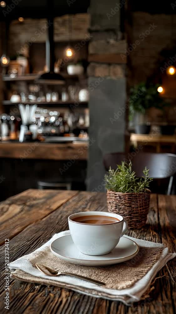 Enjoying a steaming cup of coffee in a cozy cafe with rustic decor and warm ambiance during the morning hours Enjoying a steaming cup of coffee in a cozy cafe with rustic decor and warm ambiance during the morning hours
