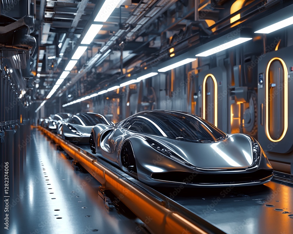 Fototapeta premium Silver Sports Cars on Automated Assembly Line