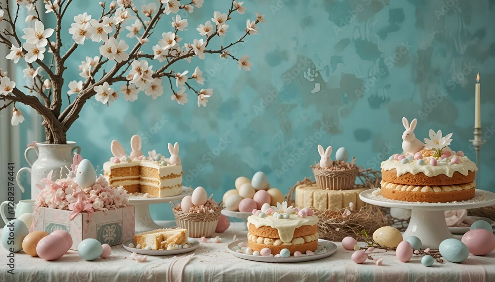 An Easter table set with customary Easter cakes and eggs, complemented by a blossoming tree branch An Easter table set with customary Easter cakes and eggs, complemented by a blossoming tree branch