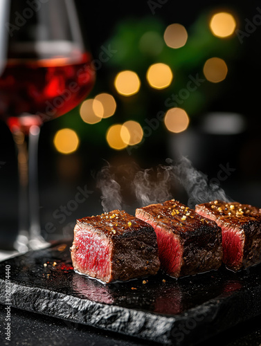 Gourmet Grilled Steak Cubes with Garnish and Glass of Red Wine