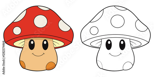 Cute Character of Mushroom Cartoon Coloring Book For Kids Printable Vector