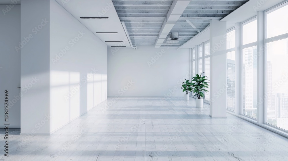 A large open room with a white wall and a plant in a vase A large open room with a white wall and a plant in a vase