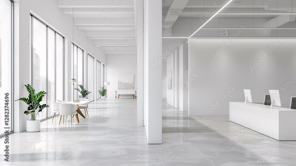 Fototapeta premium A large open office space with white walls and a white desk