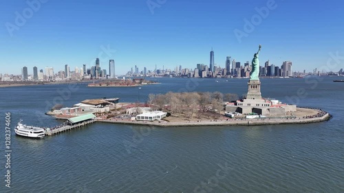 Statue Of Liberty At Manhattan In New York United States. Liberty State Park. Downtown New York City. Statue Of Liberty At New York United States. Boat Sailing Scene. 