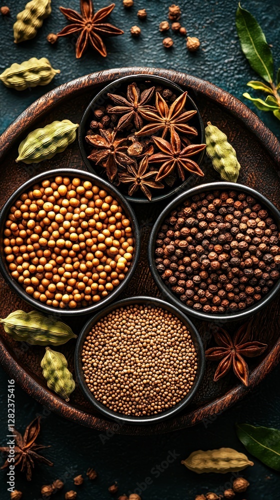 Assortment of spices in bowls, culinary ingredients in warm kitchen setting Assortment of spices in bowls, culinary ingredients in warm kitchen setting