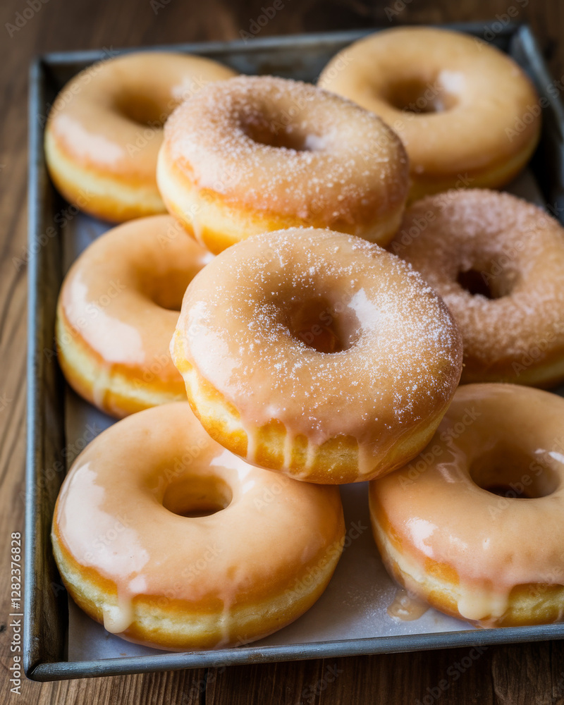 Golden glazed donuts arranged on metal tray. Gourmet dozen donuts in a artisan bakery covered in a sugary glaze Golden glazed donuts arranged on metal tray. Gourmet dozen donuts in a artisan bakery covered in a sugary glaze