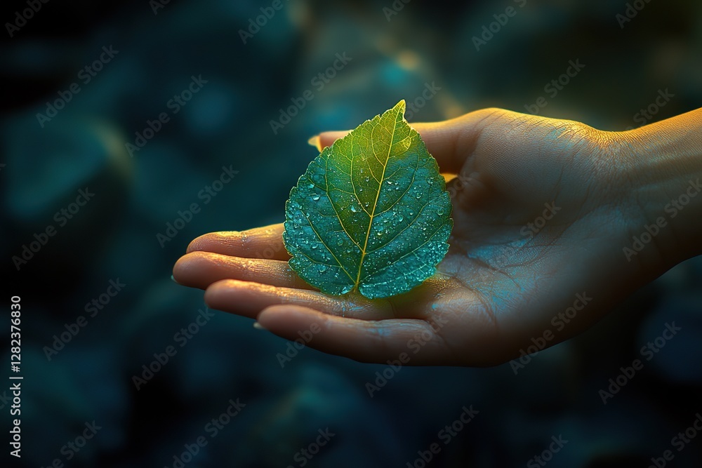 A single dew covered leaf rests gently in a hand A single dew covered leaf rests gently in a hand