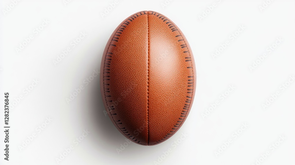 Perfectly symmetrical rugby ball, sharp top-down view, seamless leather texture, and premium design floating on white. Perfectly symmetrical rugby ball, sharp top-down view, seamless leather texture, and premium design floating on white.
