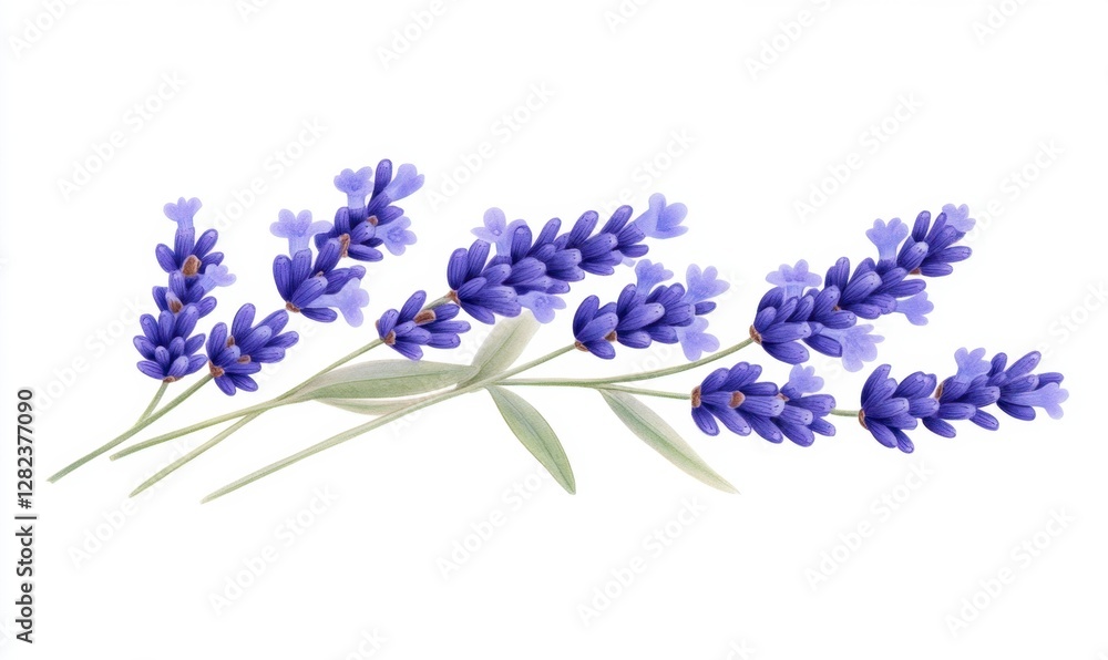 Obraz premium Vibrant lavender flowers arranged elegantly with green leaves on a clean white background
