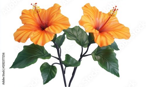 Vibrant orange hibiscus flowers with lush green leaves against a white background, ideal for floral design