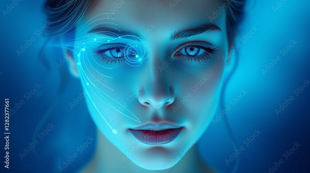 Futuristic vision, Woman with digital interface overlays in blue tones Futuristic vision, Woman with digital interface overlays in blue tones