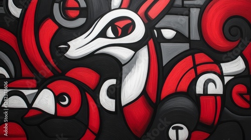 Abstract painting features a fox bird and other animal forms