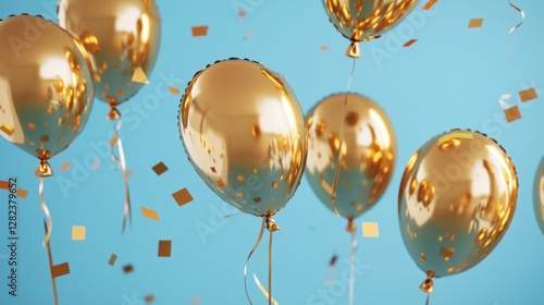 Wallpaper Mural Golden balloons floating against a bright blue background, celebrating joy and happiness, perfect for festive occasions and events, party decoration concept Torontodigital.ca