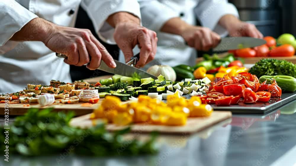 Chefs expertly chopping fresh vegetables in a professional kitchen. Chefs expertly chopping fresh vegetables in a professional kitchen.