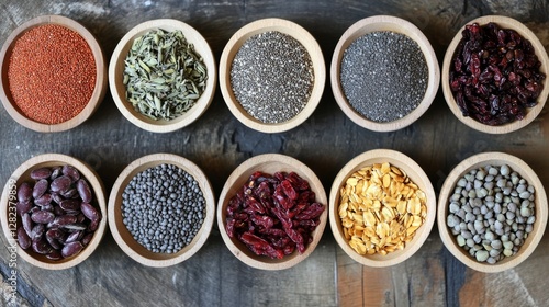 Colorful assortment of various legumes and seeds in bowls on rustic wooden table showcasing healthy nutrition and culinary diversity concept photo