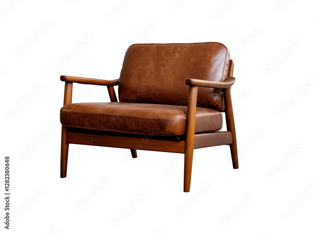 A stylish brown leather armchair with wooden arms, embodying a modern yet classic design ideal for comfortable seating. A stylish brown leather armchair with wooden arms, embodying a modern yet classic design ideal for comfortable seating.