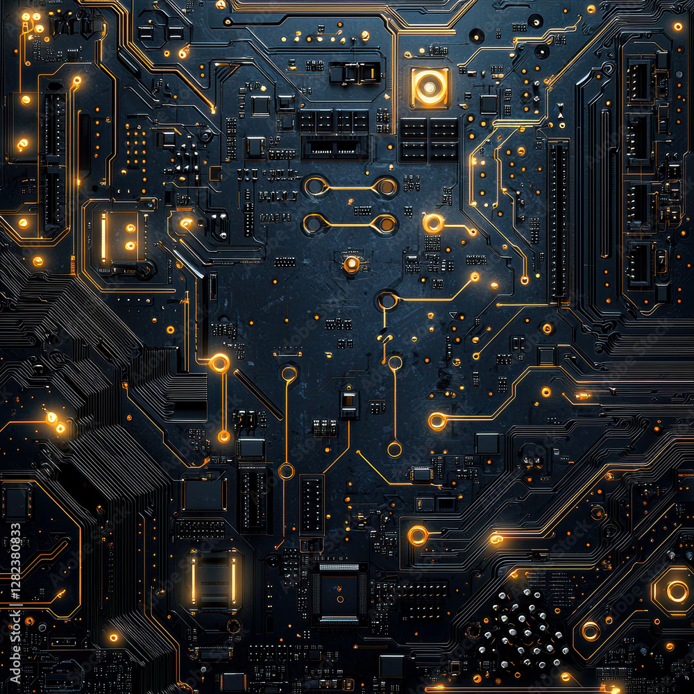 Fototapeta premium Close-up view of an enhanced electronic circuit board, showcasing ICs, capacitors, resistors, and other discrete components The image uses light effects for aesthetic illumination, hig - AI-Generated